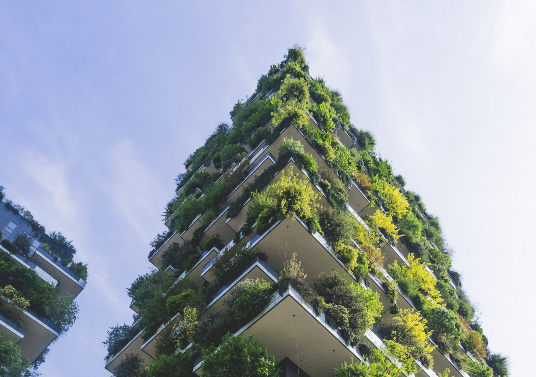 Mit Bäumen bewachsenes Gebäude vor einem blauen Himmel